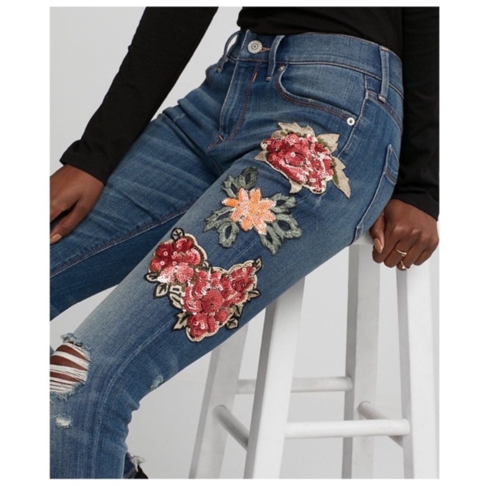 Express Jeans with sequin Floral Embroidery